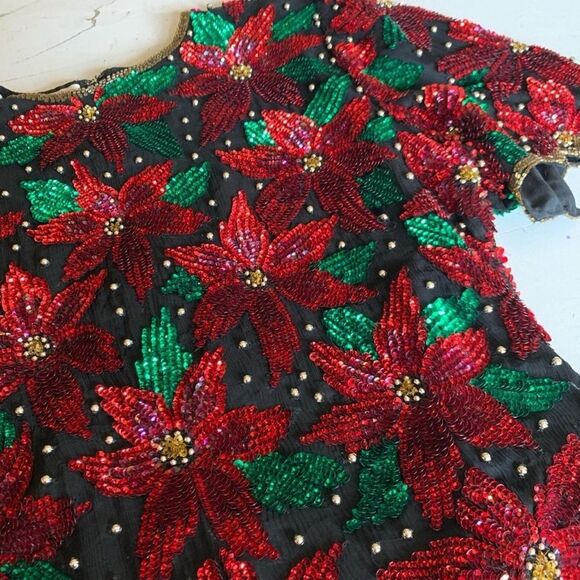 Vintage Laurence Kazar Holiday Beaded Sequin Red Poinsettia Black SILK Top SZS/M - Picture 3 of 4
